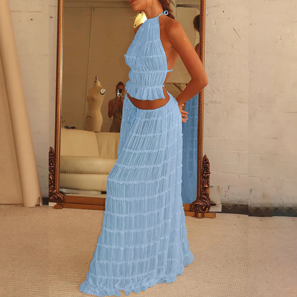Stylish halter top set paired with sandals and sun hat