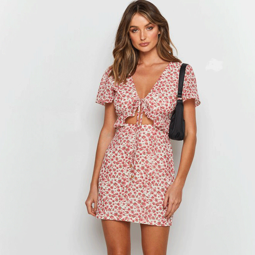 Front view of pink floral A-line short sleeve dress