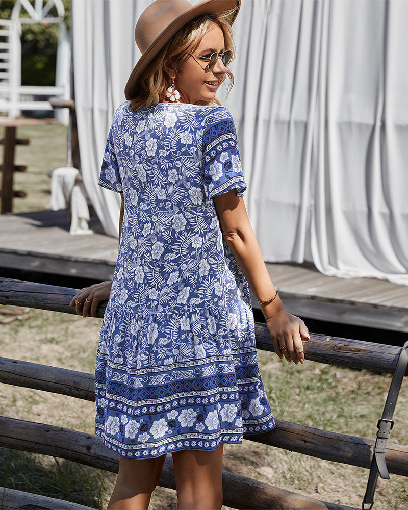 Women's boho floral V-neck summer dress in beachwear style, lightweight and flowy, 2025 design