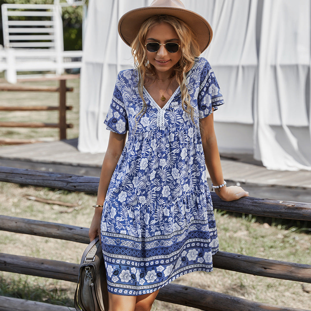 White boho floral summer dress with V-neckline for women – beachwear style