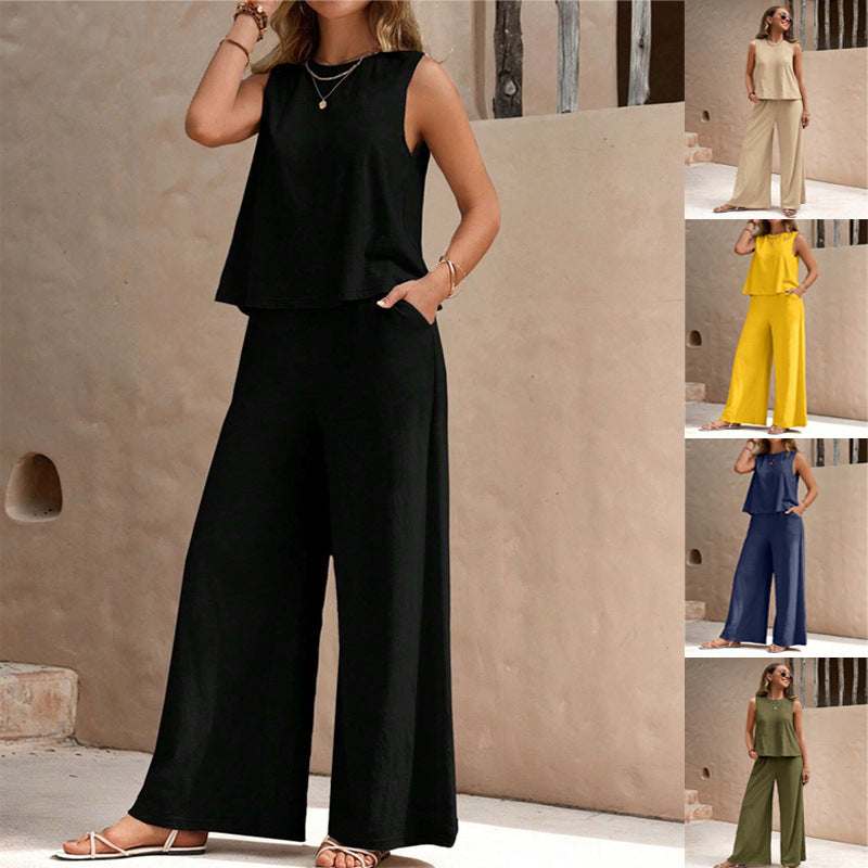 Woman wearing elegant two-piece pants set in solid color