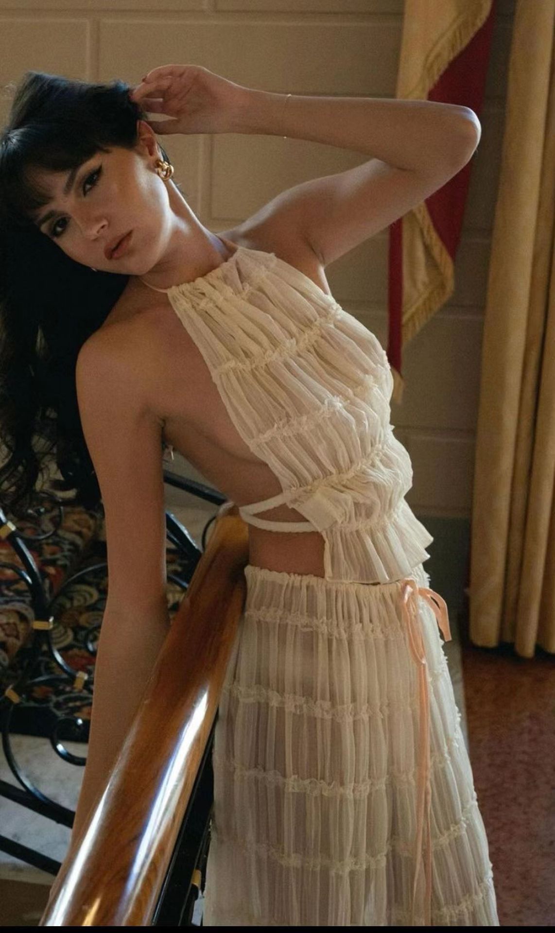 Light beachwear outfit with tie-back halter and flowy skirt