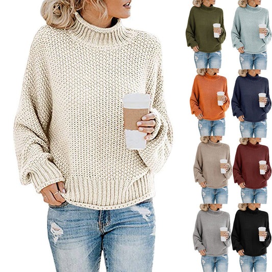 Woman wearing thick thread turtleneck pullover in autumn setting