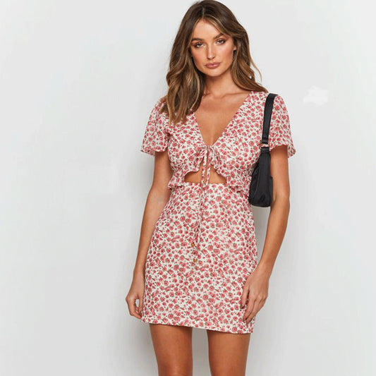 Front view of pink floral A-line short sleeve dress