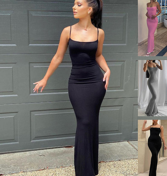 Slim fit long party dress with strappy neckline – black color