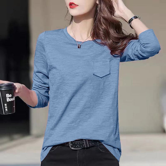 Loose slub cotton long sleeve top in pure color