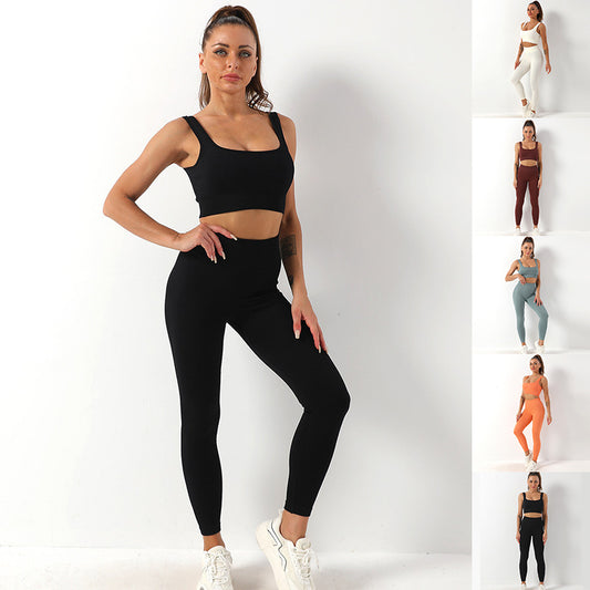 Woman in seamless yoga set with bra and leggings