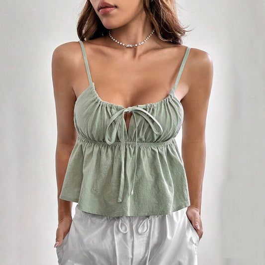 Woman wearing trendy short vest camisole top