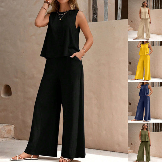 Woman wearing elegant two-piece pants set in solid color