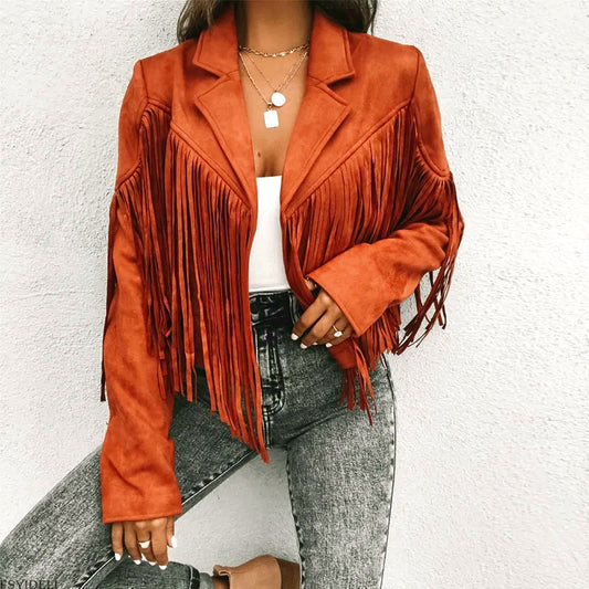 Elegant women's deerskin leather jacket with tassels