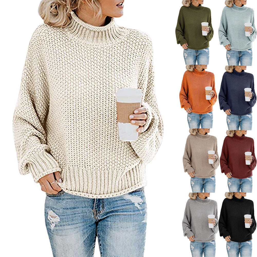 Woman wearing thick thread turtleneck pullover in autumn setting