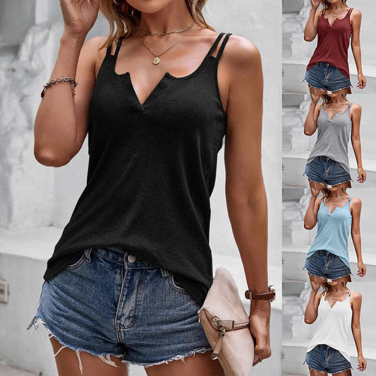Soft fabric V-neck camisole top styled with denim shorts