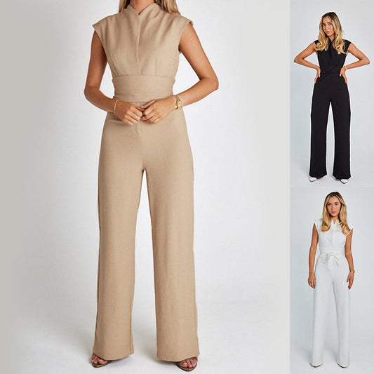 Woman wearing elegant V-neck sleeveless summer jumpsuit
